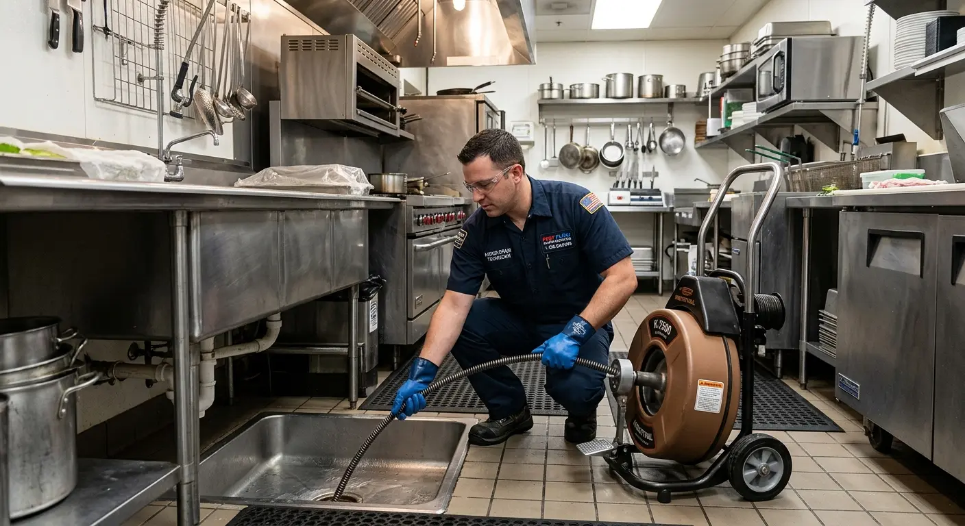 Commercial drain cleaning service in a restaurant kitchen in Canton